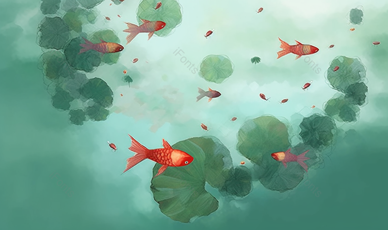 绿色古典夏季池塘里荷叶和一群锦鲤背景,插画/手绘图,插画/手绘图库,插画/手绘图下载,插画/手绘